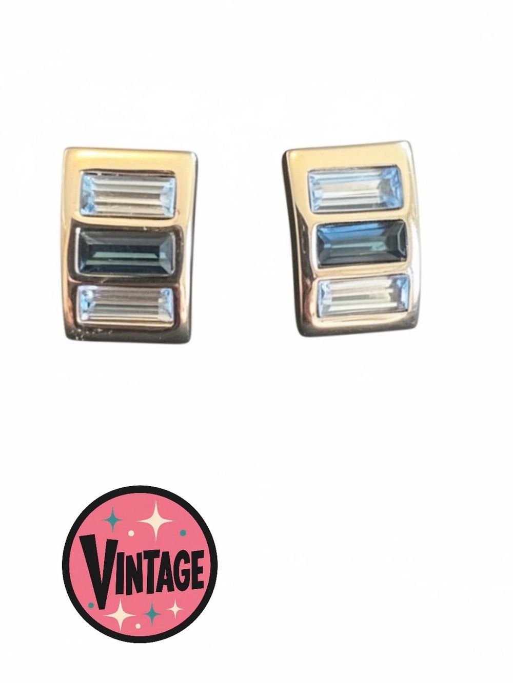 1970s/1980s Retro Multi-Tone Teal Blue Baguette Stud Earrings Vintage